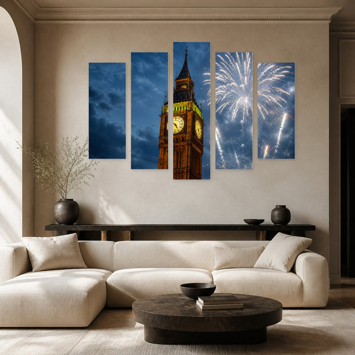 Fireworks in the Sky Above Big at Night — five-panel wall art in alternate frontal interior | 5wallart 55952 M4
