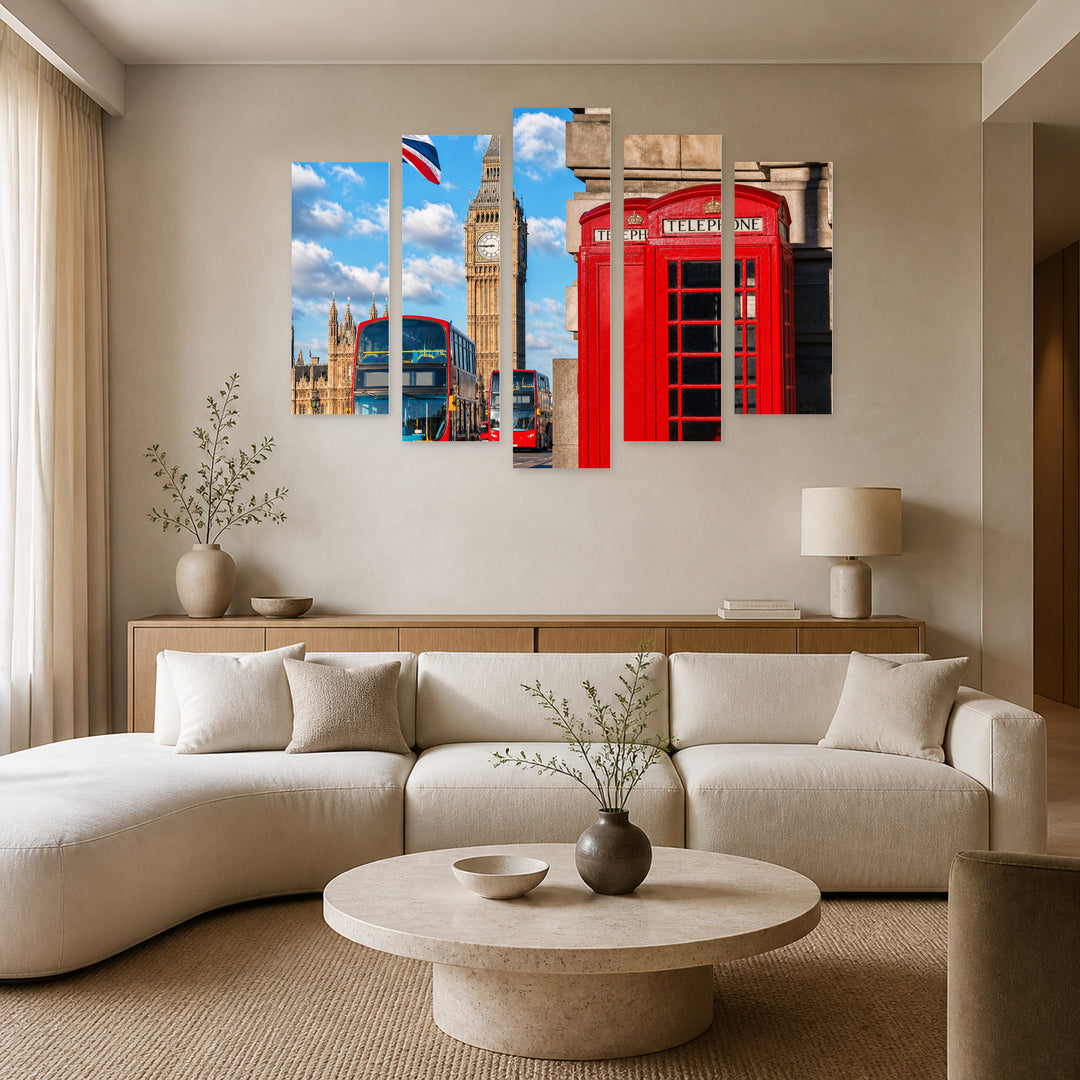 London Symbols Urban Panorama — five-panel wall art in alternate frontal interior | 5wallart 55954 M4
