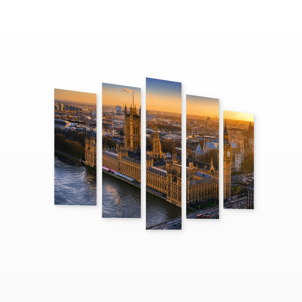 Big Ben in Blue and Gold — five-panel wall art on white background in perspective | 5wallart 55955 M1