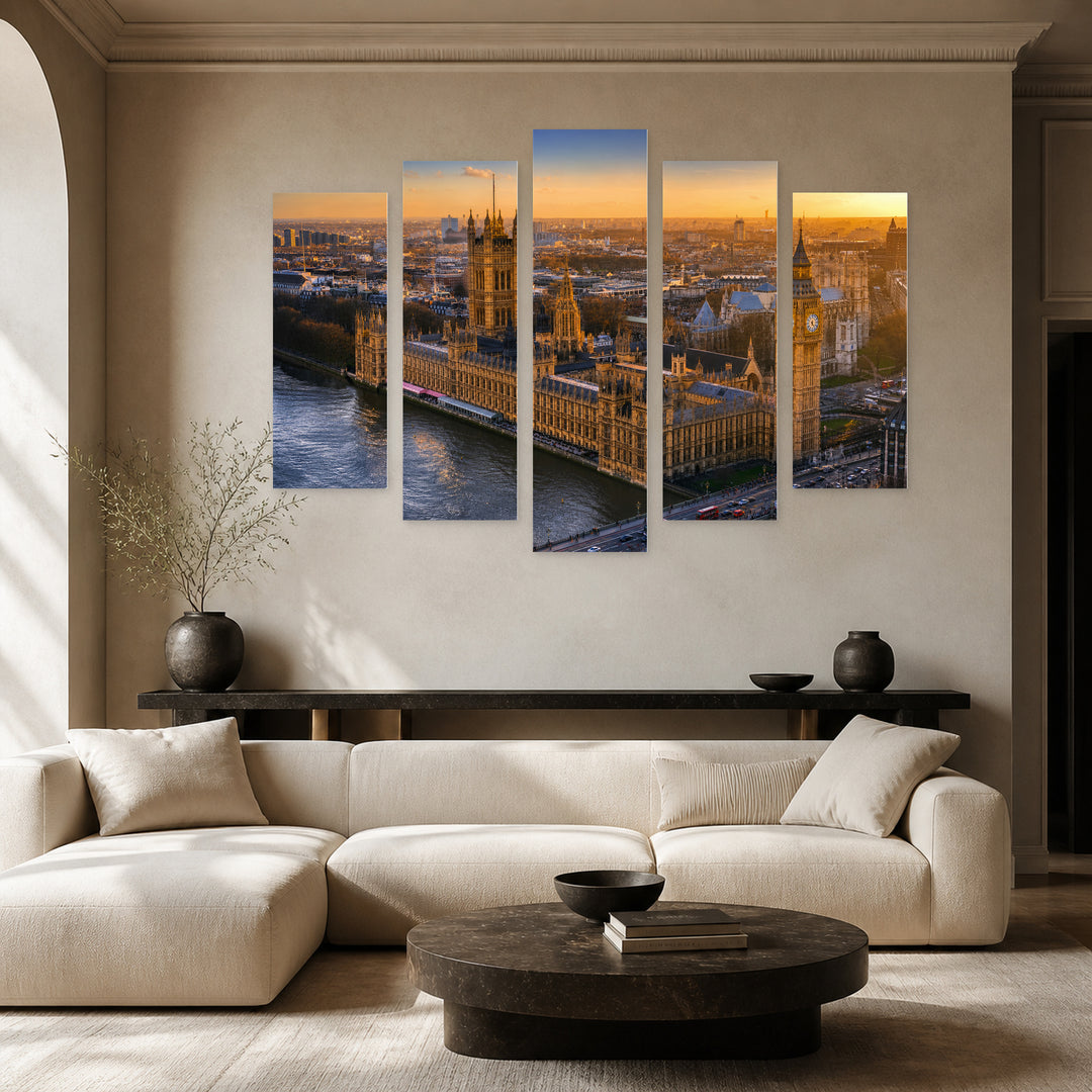 Big Ben in Blue and Gold — five-panel wall art in frontal interior | 5wallart 55955 M3