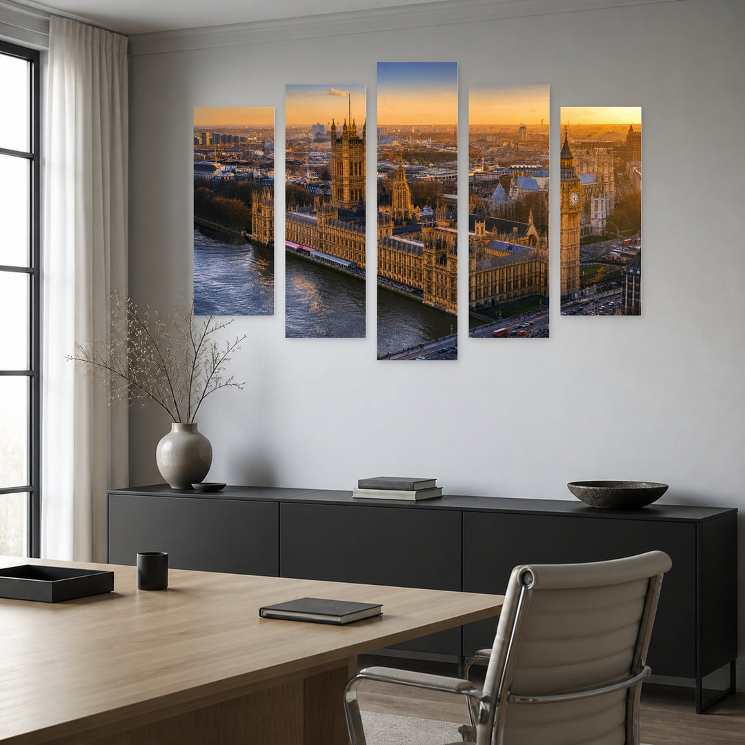 Big Ben in Blue and Gold — five-panel wall art in alternate frontal interior | 5wallart 55955 M4