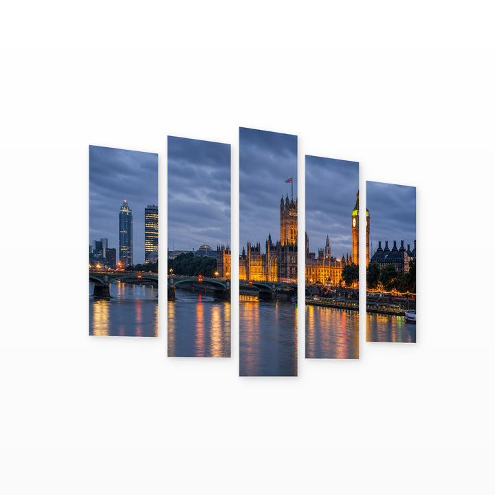 Big Ben and Westminster Bridge at Golden Sunset — five-panel wall art on white background in perspective | 5wallart 55956 M1