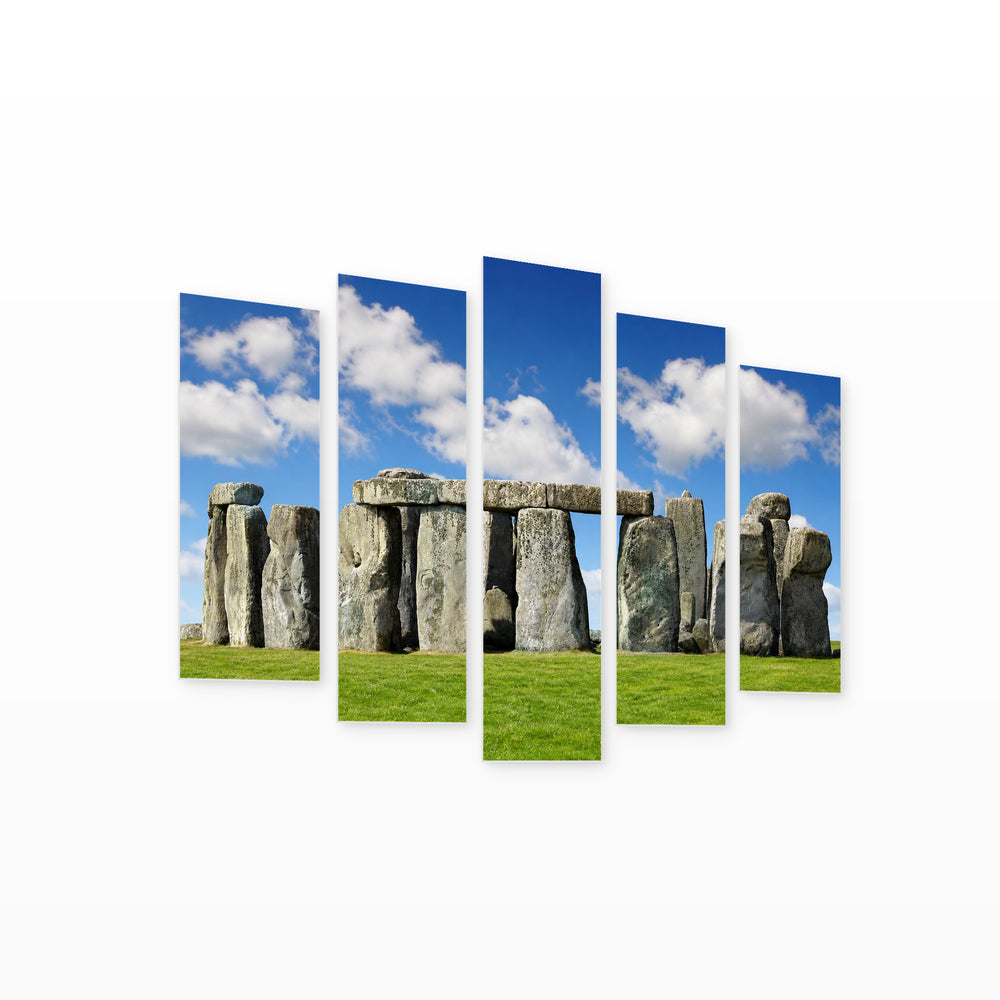 Stonehenge in Blue and Gold — five-panel wall art on white background in perspective | 5wallart 55957 M1