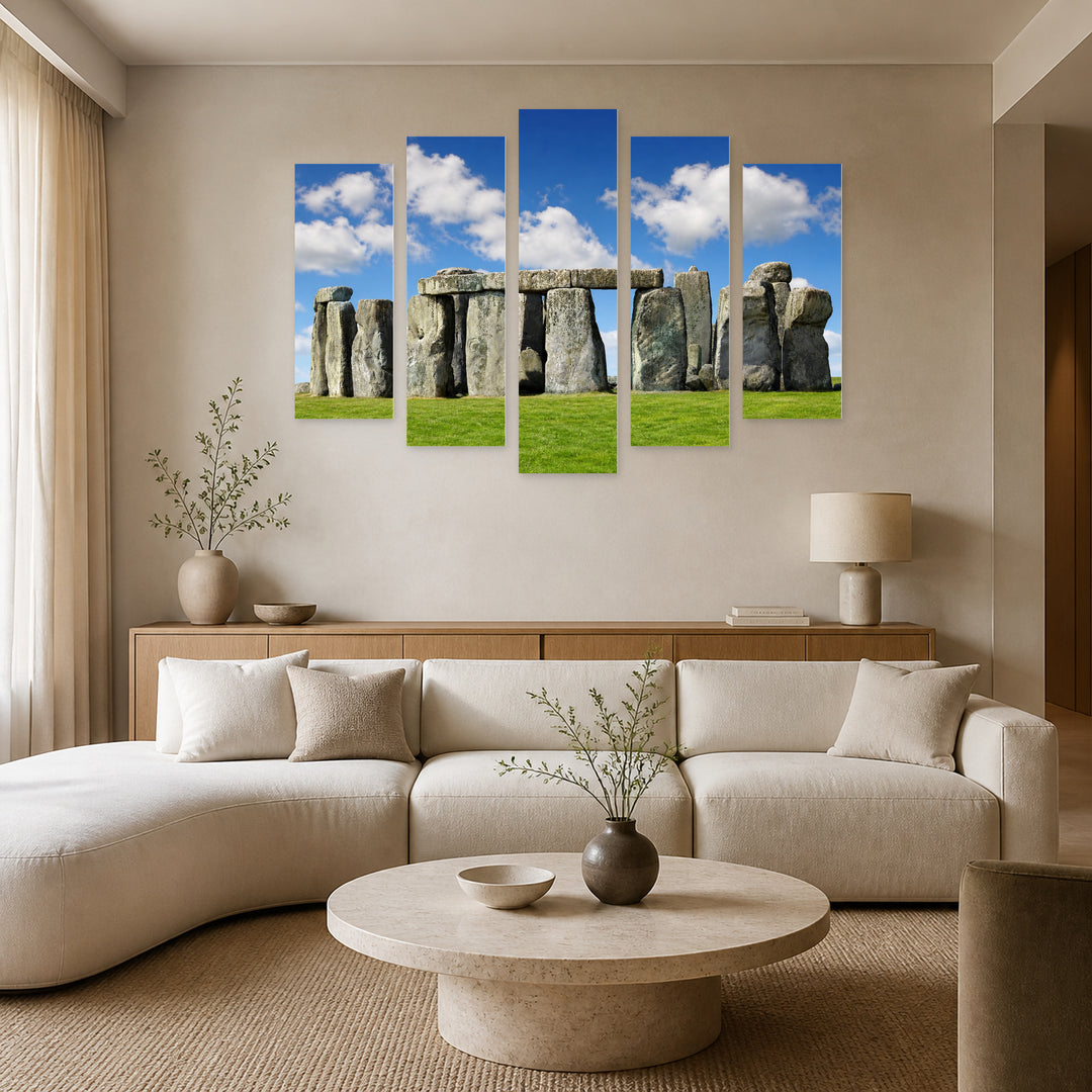 Stonehenge in Blue and Gold — five-panel wall art in frontal interior | 5wallart 55957 M3