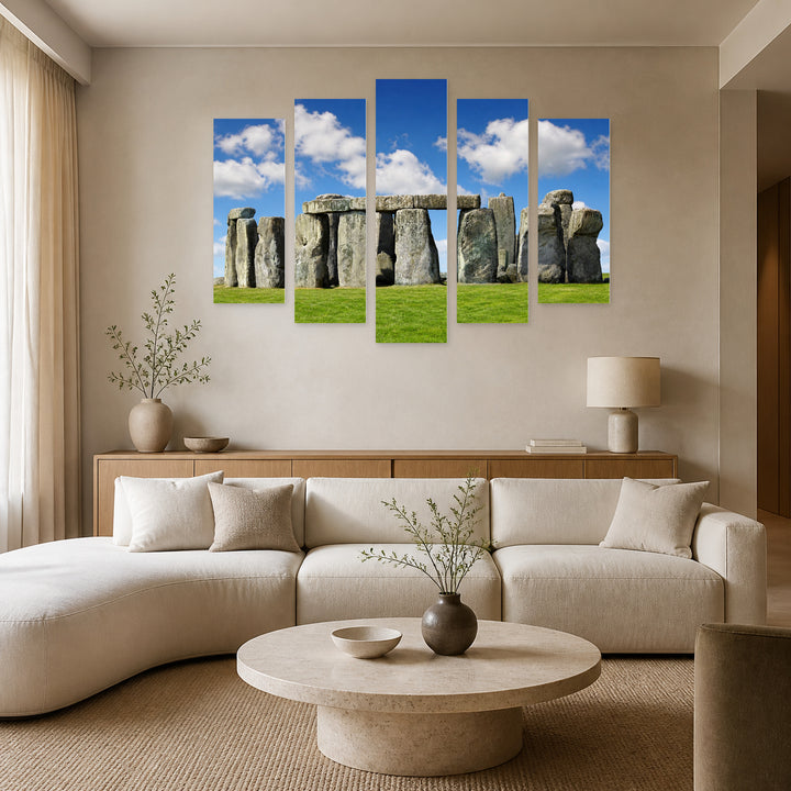 Stonehenge in Blue and Gold — five-panel wall art in frontal interior | 5wallart 55957 M3