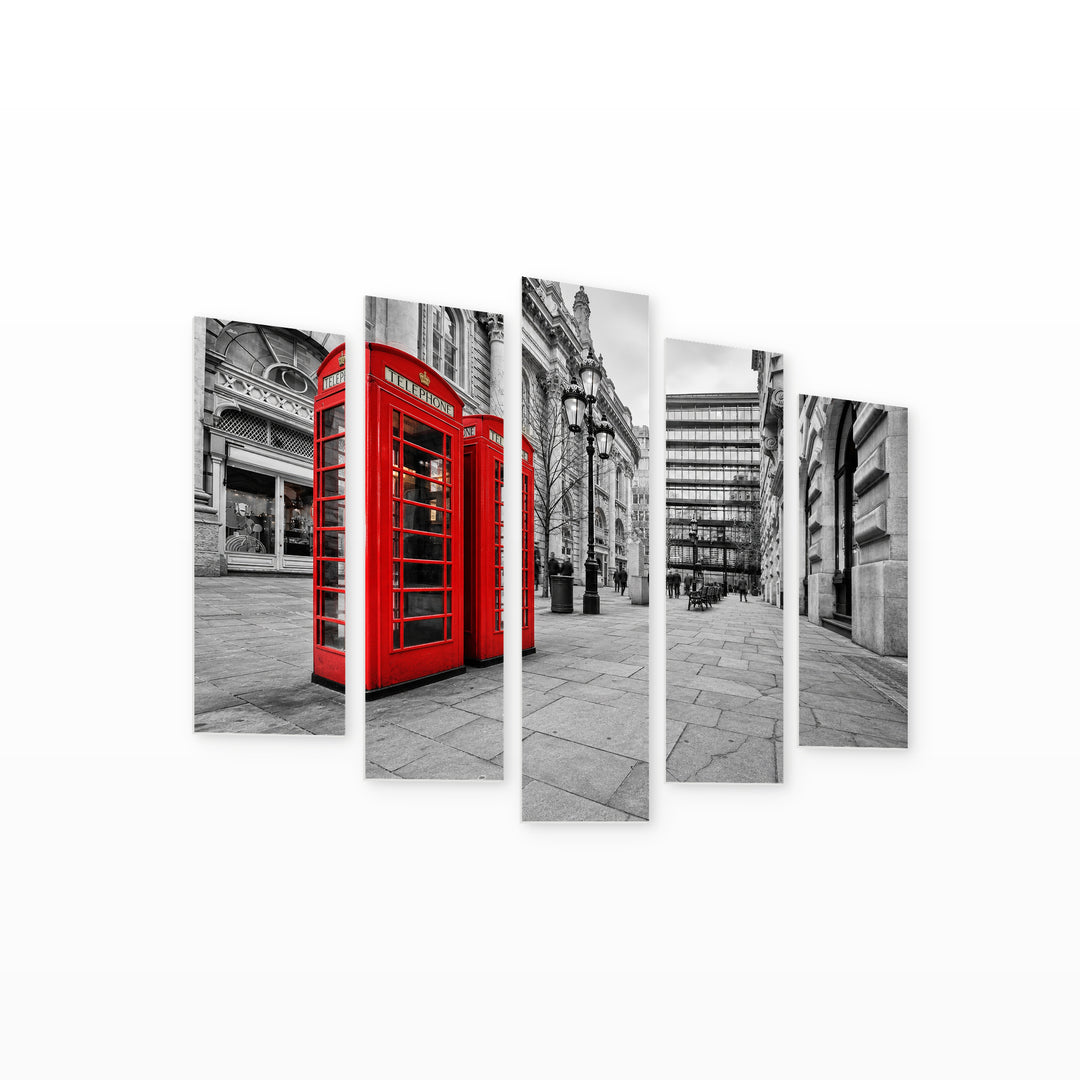 London Phone Booths with Dramatic Contrast — five-panel wall art on white background in perspective | 5wallart 55959 M1