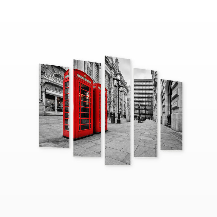 London Phone Booths with Dramatic Contrast — five-panel wall art on white background in perspective | 5wallart 55959 M1