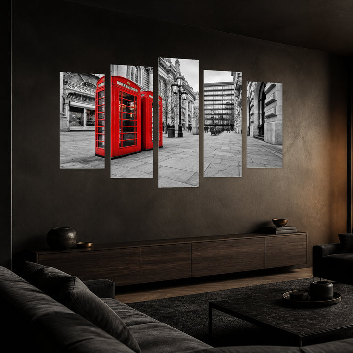 London Phone Booths with Dramatic Contrast — five-panel wall art in perspective interior | 5wallart 55959 M2