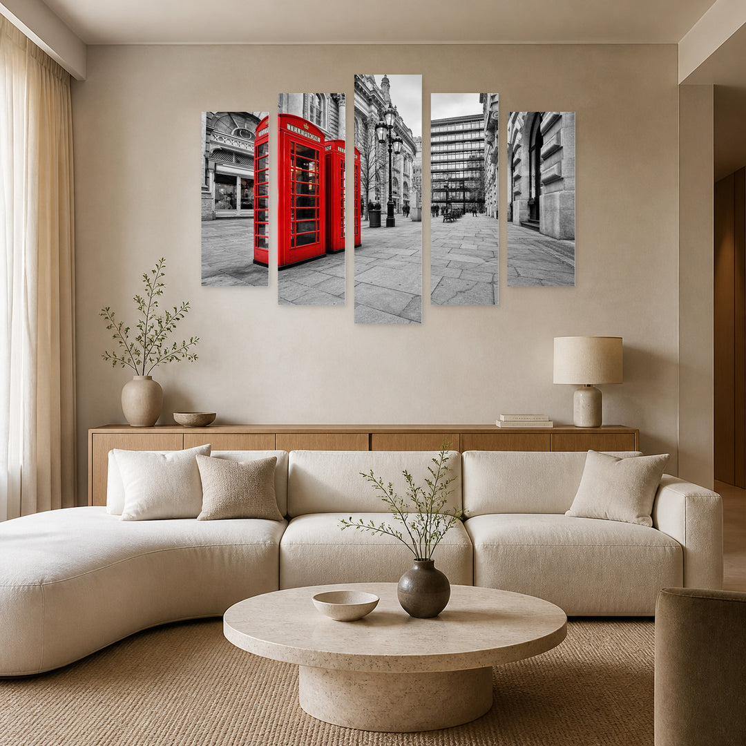 London Phone Booths with Dramatic Contrast — five-panel wall art in frontal interior | 5wallart 55959 M3