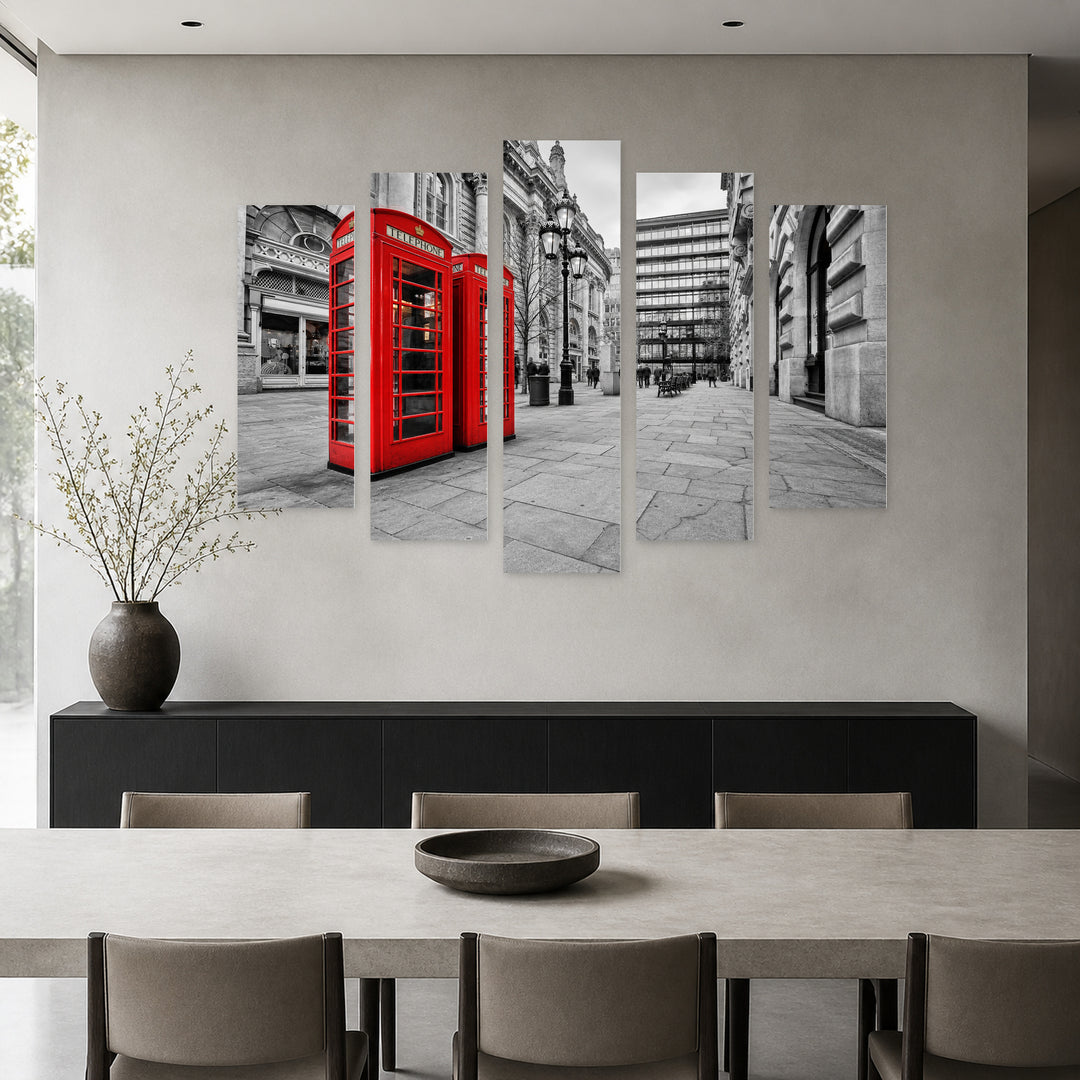 London Phone Booths with Dramatic Contrast — five-panel wall art in alternate frontal interior | 5wallart 55959 M4