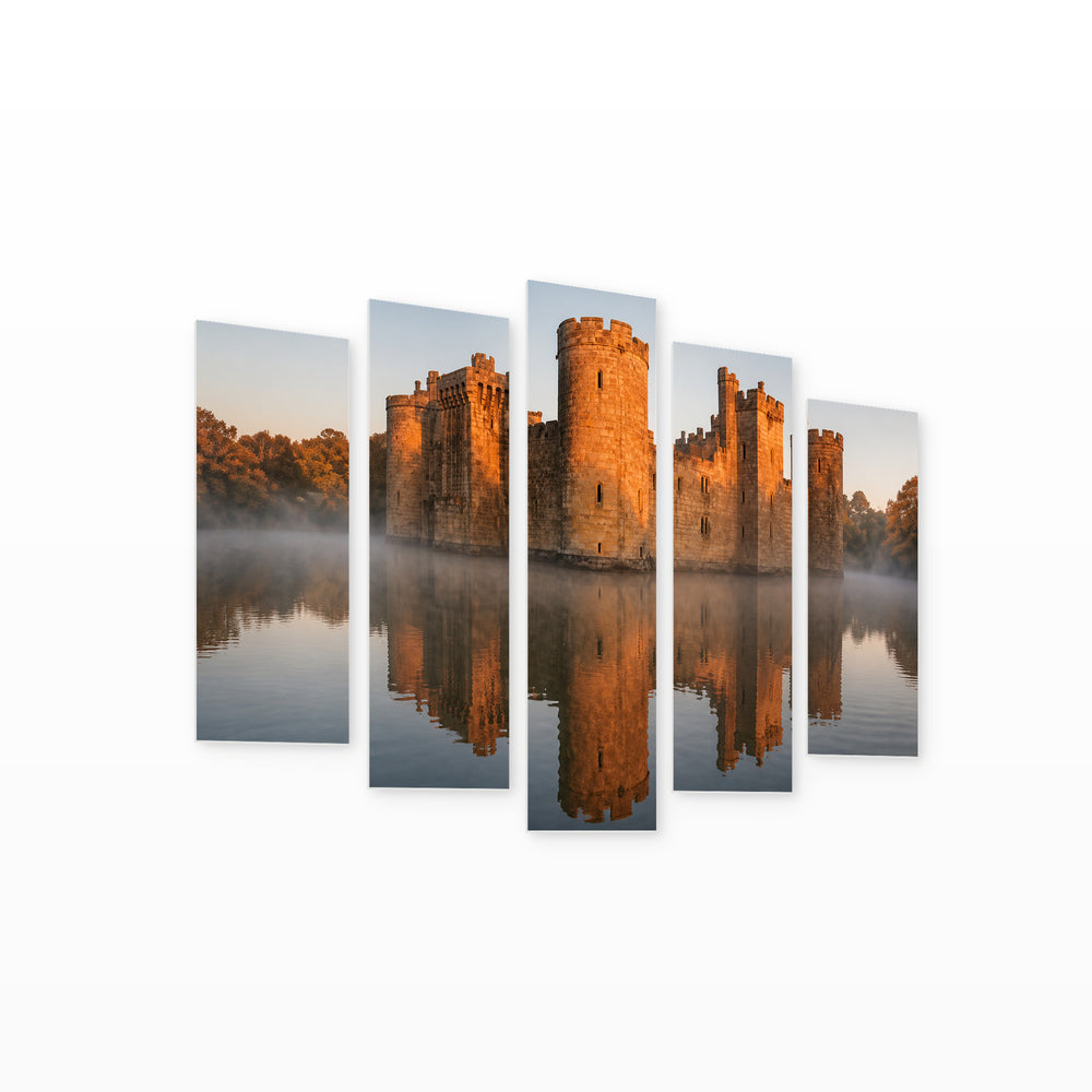 Stunning Castle at Autumn in Blue and Gold — five-panel wall art on white background in perspective | 5wallart 55960 M1