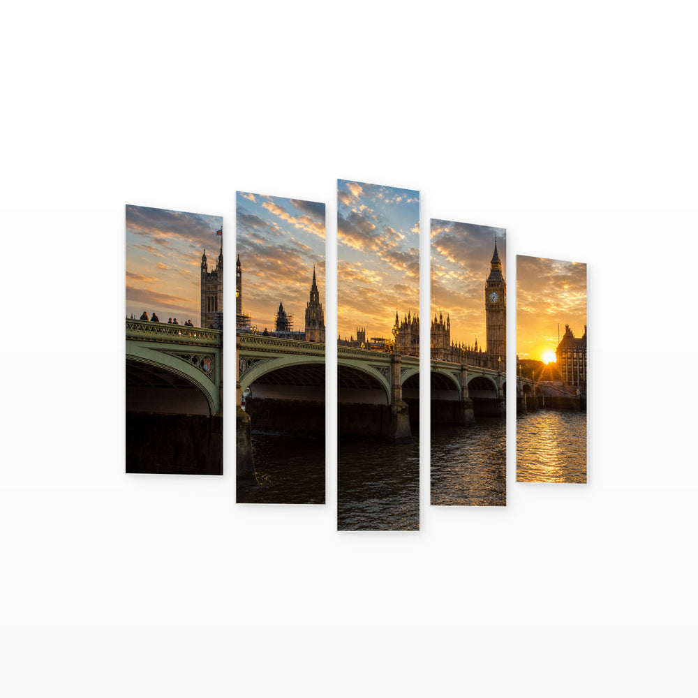 Golden Sunset over Big Ben — five-panel wall art on white background in perspective | 5wallart 55961 M1