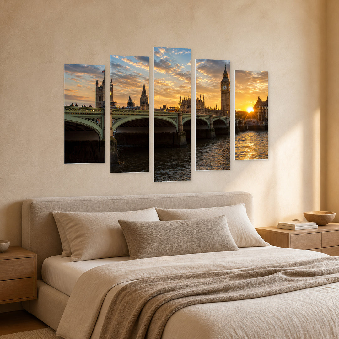 Golden Sunset over Big Ben — five-panel wall art in perspective interior | 5wallart 55961 M2