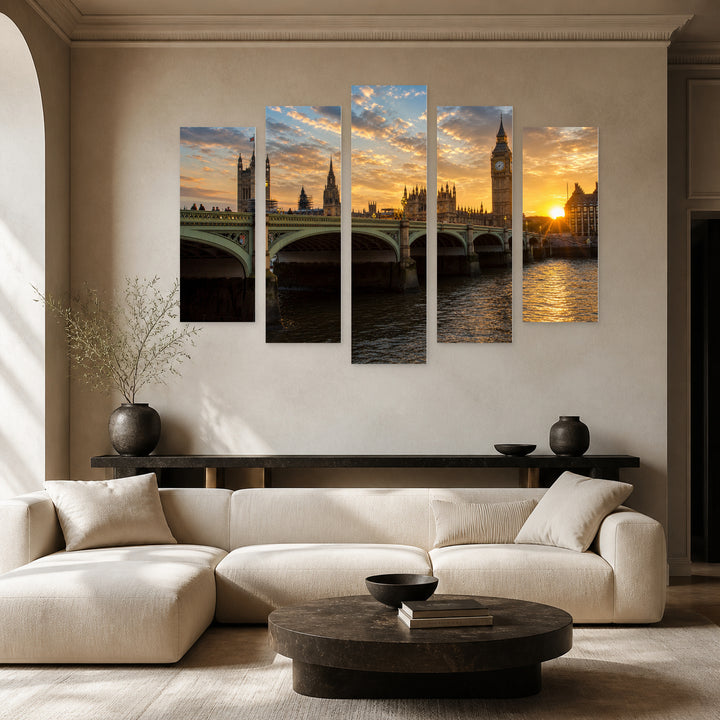 Golden Sunset over Big Ben — five-panel wall art in frontal interior | 5wallart 55961 M3