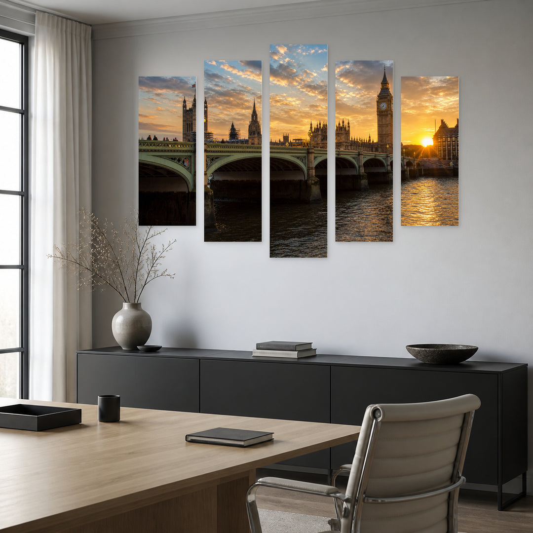 Golden Sunset over Big Ben — five-panel wall art in alternate frontal interior | 5wallart 55961 M4