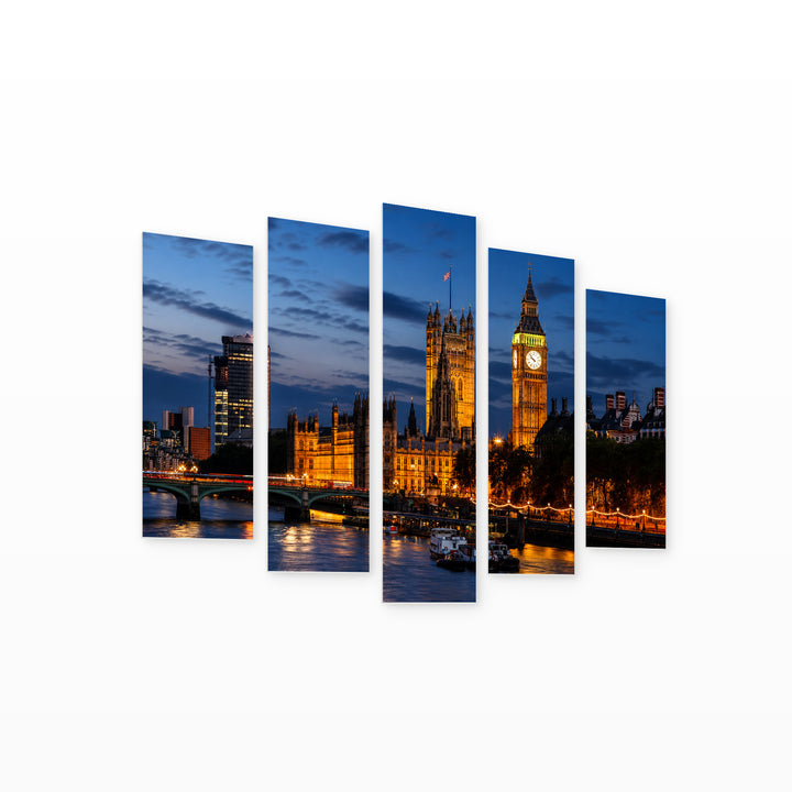 Big Ben and Westminster Bridge After Dark — five-panel wall art on white background in perspective | 5wallart 55964 M1
