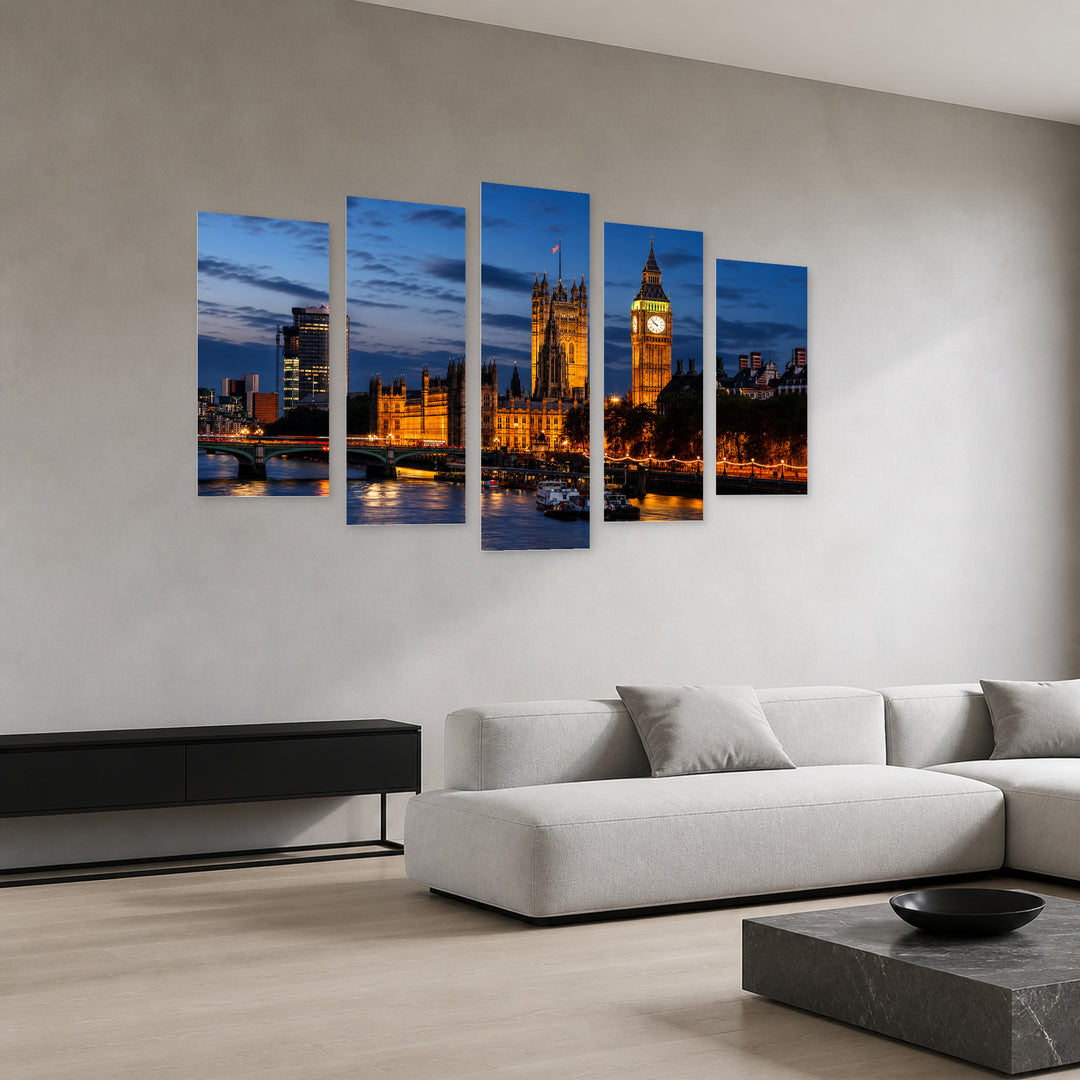 Big Ben and Westminster Bridge After Dark — five-panel wall art in perspective interior | 5wallart 55964 M2