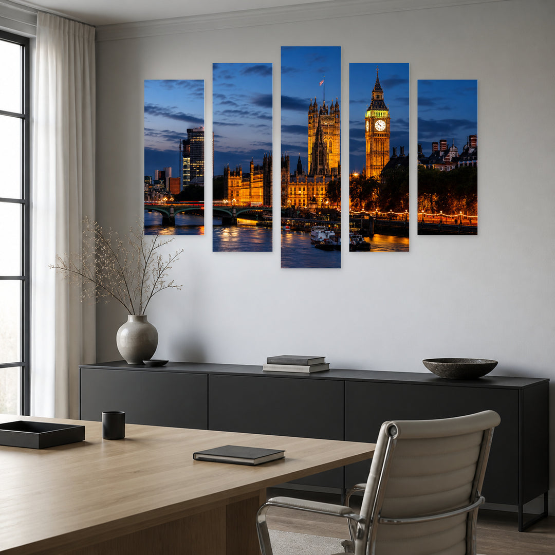 Big Ben and Westminster Bridge After Dark — five-panel wall art in frontal interior | 5wallart 55964 M3
