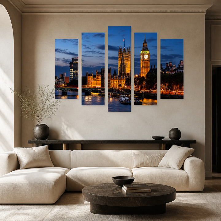 Big Ben and Westminster Bridge After Dark — five-panel wall art in alternate frontal interior | 5wallart 55964 M4