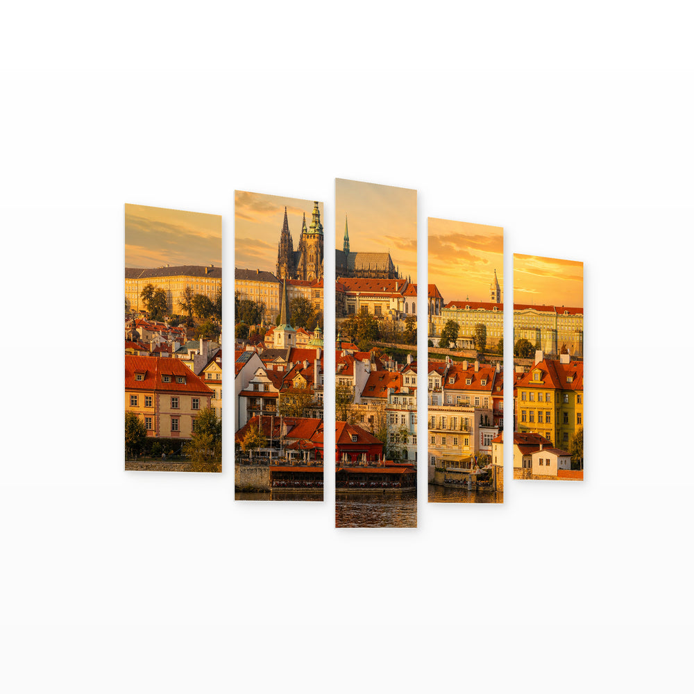 Prague at Golden Sunset — five-panel wall art on white background in perspective | 5wallart 55966 M1