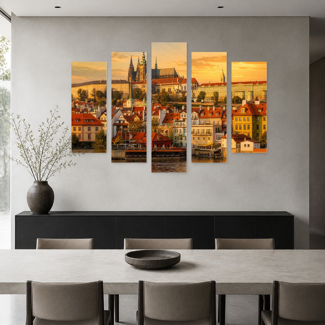 Prague at Golden Sunset — five-panel wall art in frontal interior | 5wallart 55966 M3