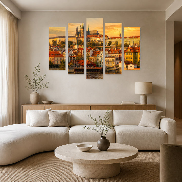 Prague at Golden Sunset — five-panel wall art in alternate frontal interior | 5wallart 55966 M4