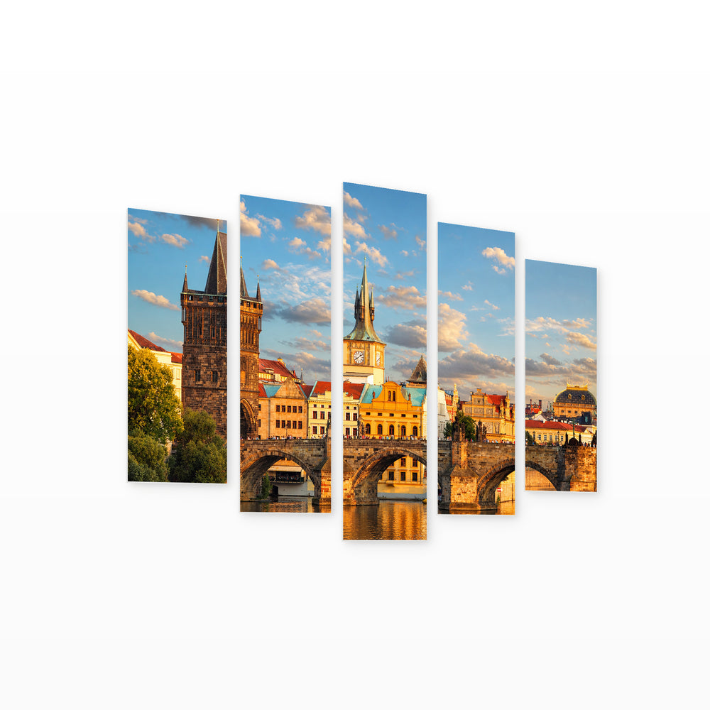 Charles Bridge, Prague in Blue and Gold — five-panel wall art on white background in perspective | 5wallart 55967 M1
