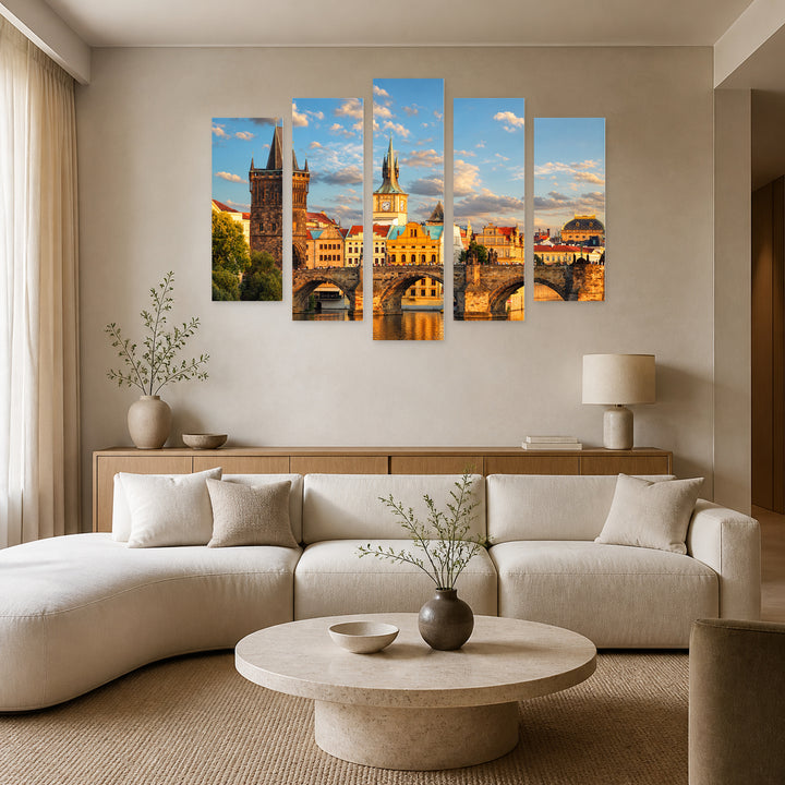Charles Bridge, Prague in Blue and Gold — five-panel wall art in frontal interior | 5wallart 55967 M3