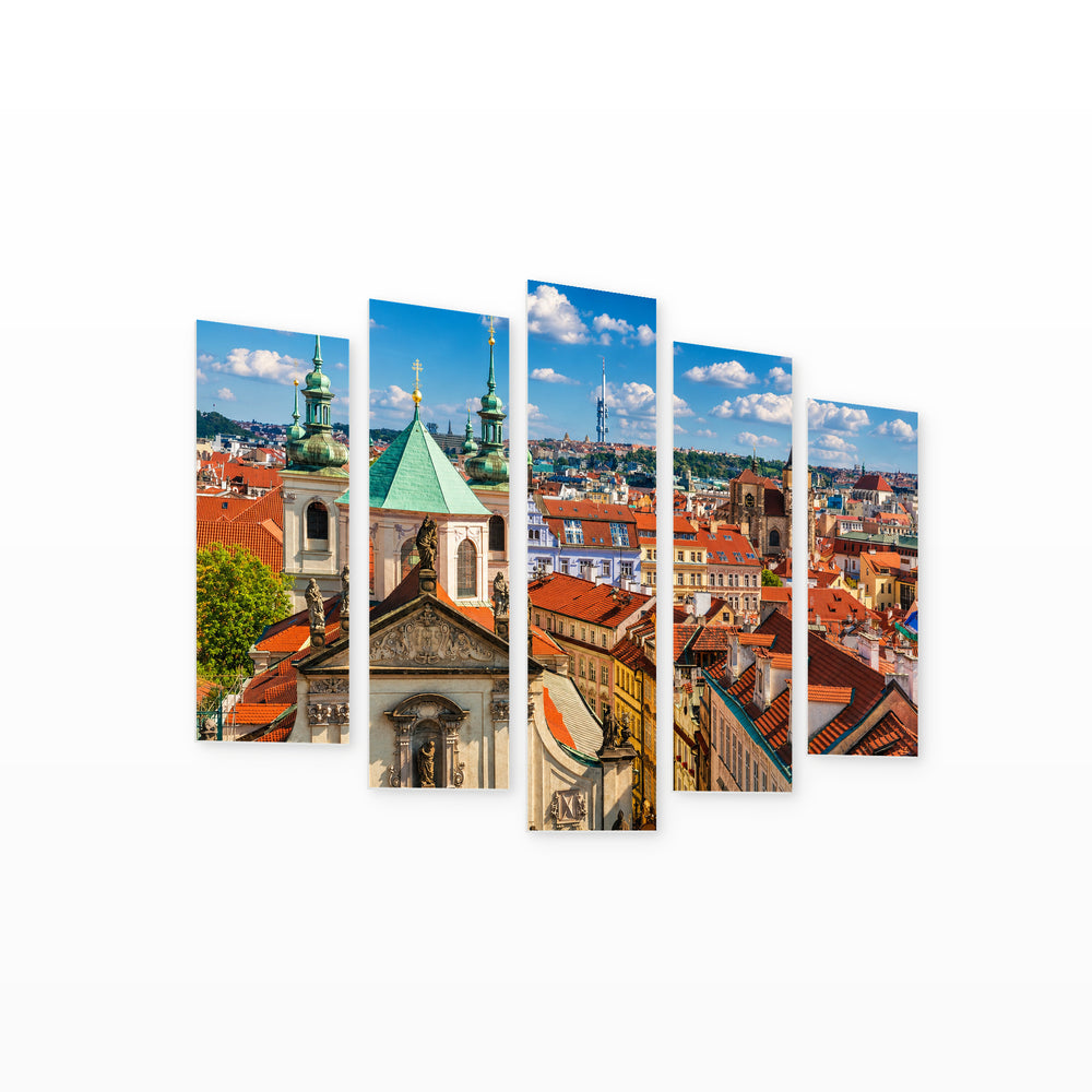 Prague from Above at Golden Sunset — five-panel wall art on white background in perspective | 5wallart 55968 M1