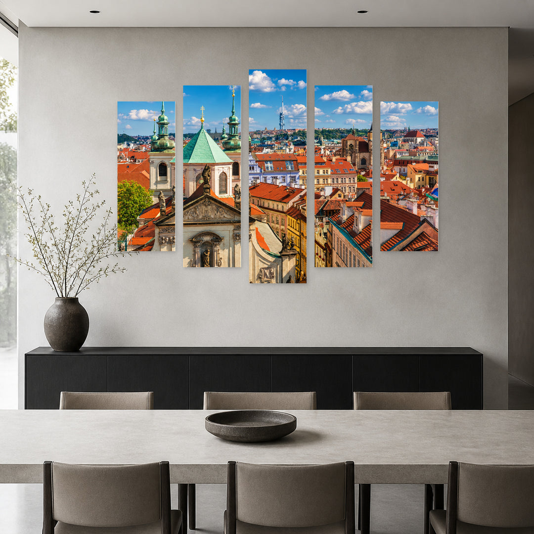 Prague from Above at Golden Sunset — five-panel wall art in frontal interior | 5wallart 55968 M3