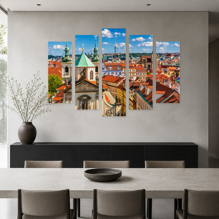 Prague from Above at Golden Sunset — five-panel wall art in frontal interior | 5wallart 55968 M3