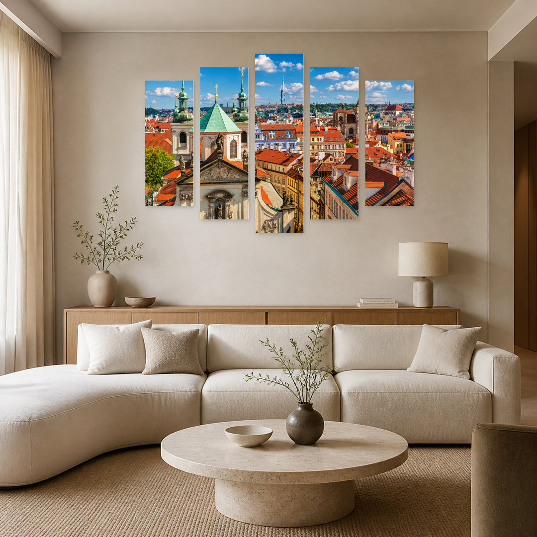 Prague from Above at Golden Sunset — five-panel wall art in alternate frontal interior | 5wallart 55968 M4