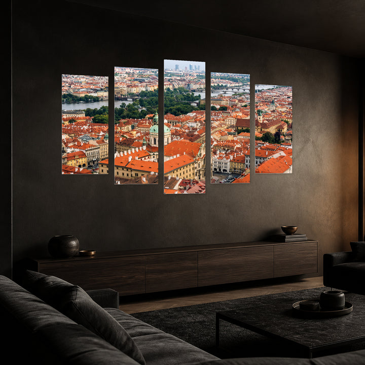 View of a Beautiful in Blue and Gold — five-panel wall art in perspective interior | 5wallart 55969 M2