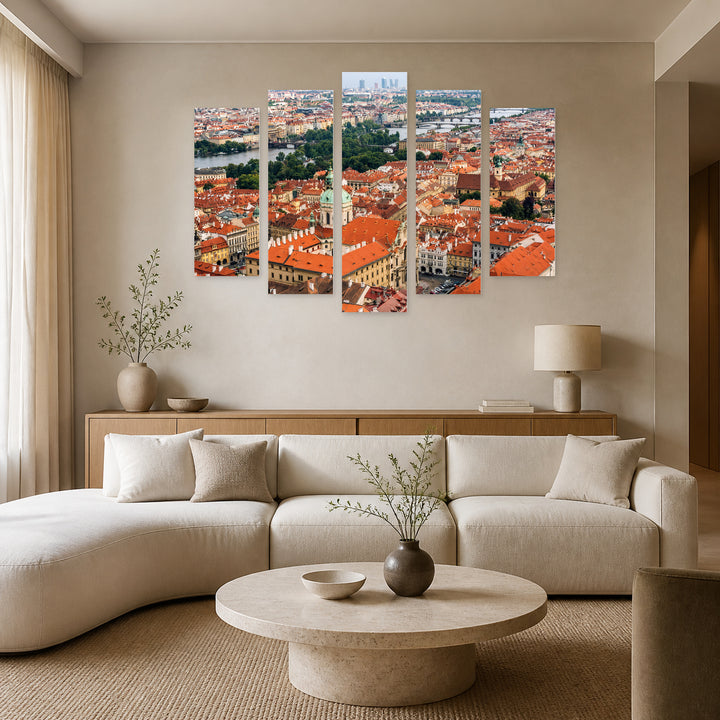View of a Beautiful in Blue and Gold — five-panel wall art in frontal interior | 5wallart 55969 M3