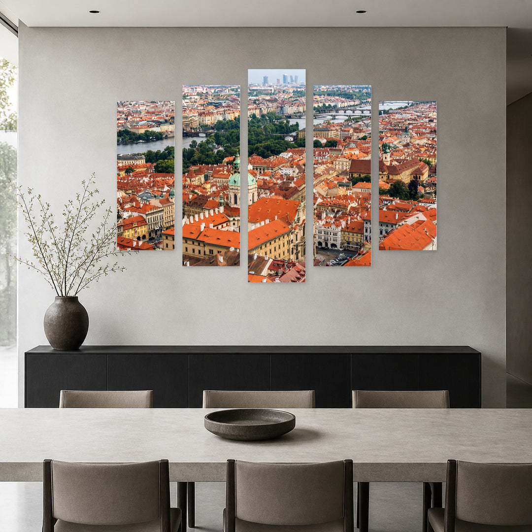 View of a Beautiful in Blue and Gold — five-panel wall art in alternate frontal interior | 5wallart 55969 M4