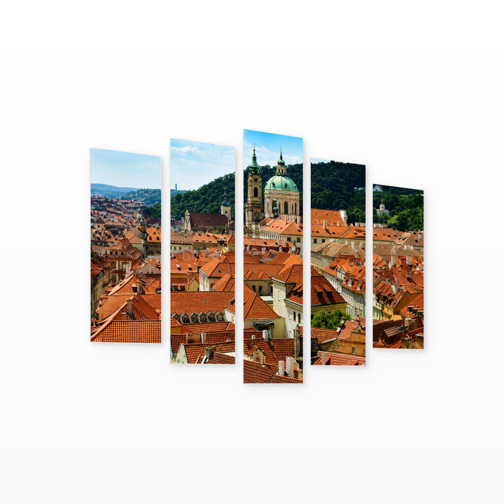 Roofs of Prague at Golden Sunset — five-panel wall art on white background in perspective | 5wallart 55970 M1