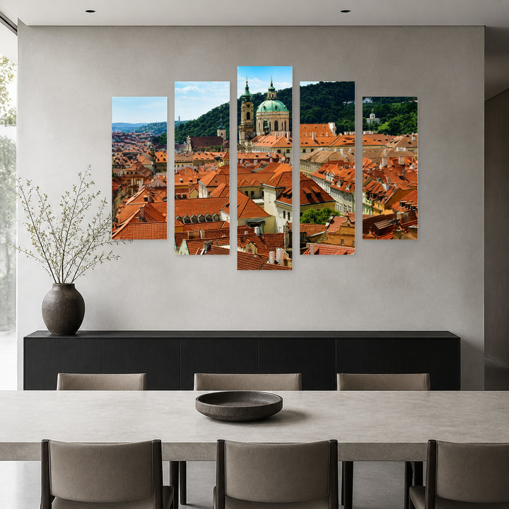 Roofs of Prague at Golden Sunset — five-panel wall art in frontal interior | 5wallart 55970 M3