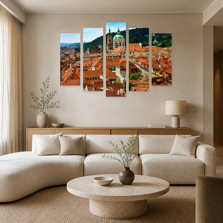 Roofs of Prague at Golden Sunset — five-panel wall art in alternate frontal interior | 5wallart 55970 M4