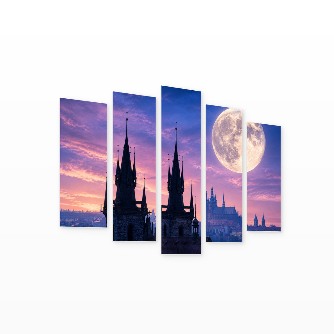 Silhouette of the Týn in Blue and Gold — five-panel wall art on white background in perspective | 5wallart 55971 M1