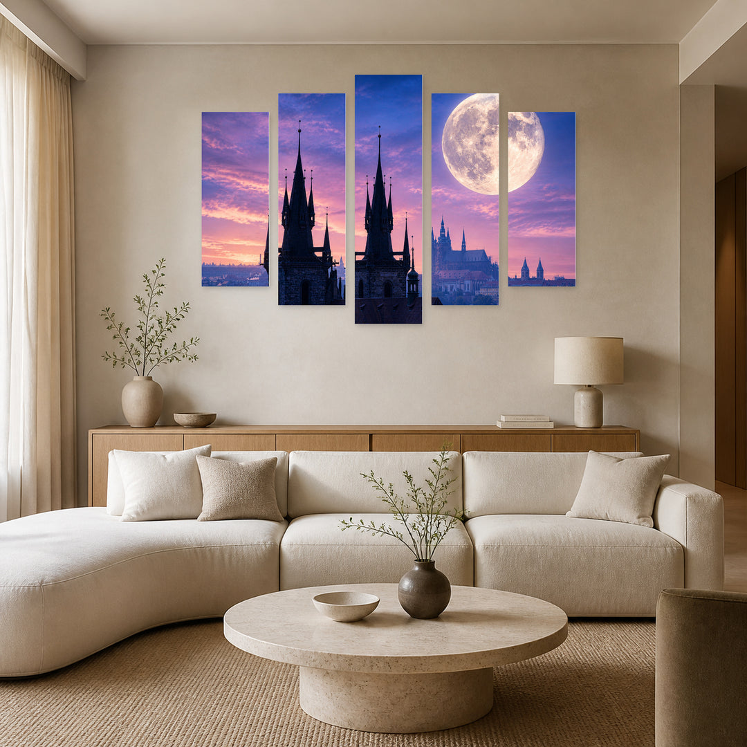 Silhouette of the Týn in Blue and Gold — five-panel wall art in frontal interior | 5wallart 55971 M3