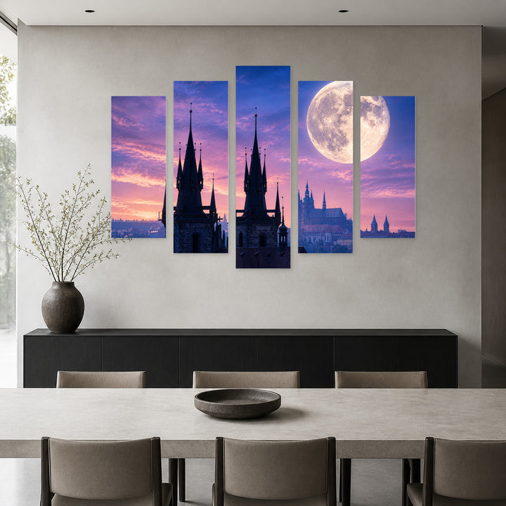 Silhouette of the Týn in Blue and Gold — five-panel wall art in alternate frontal interior | 5wallart 55971 M4