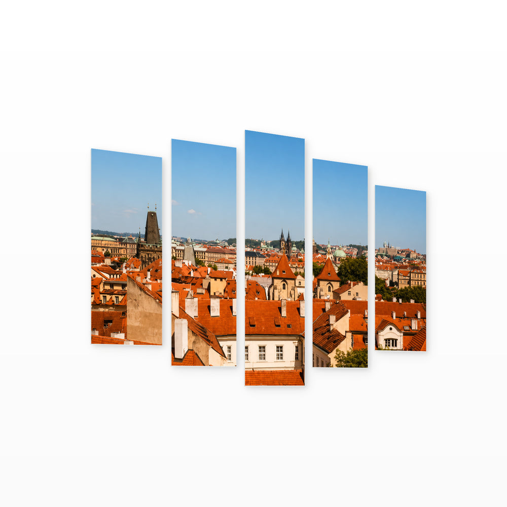 View of Prague in Blue and Gold — five-panel wall art on white background in perspective | 5wallart 55972 M1