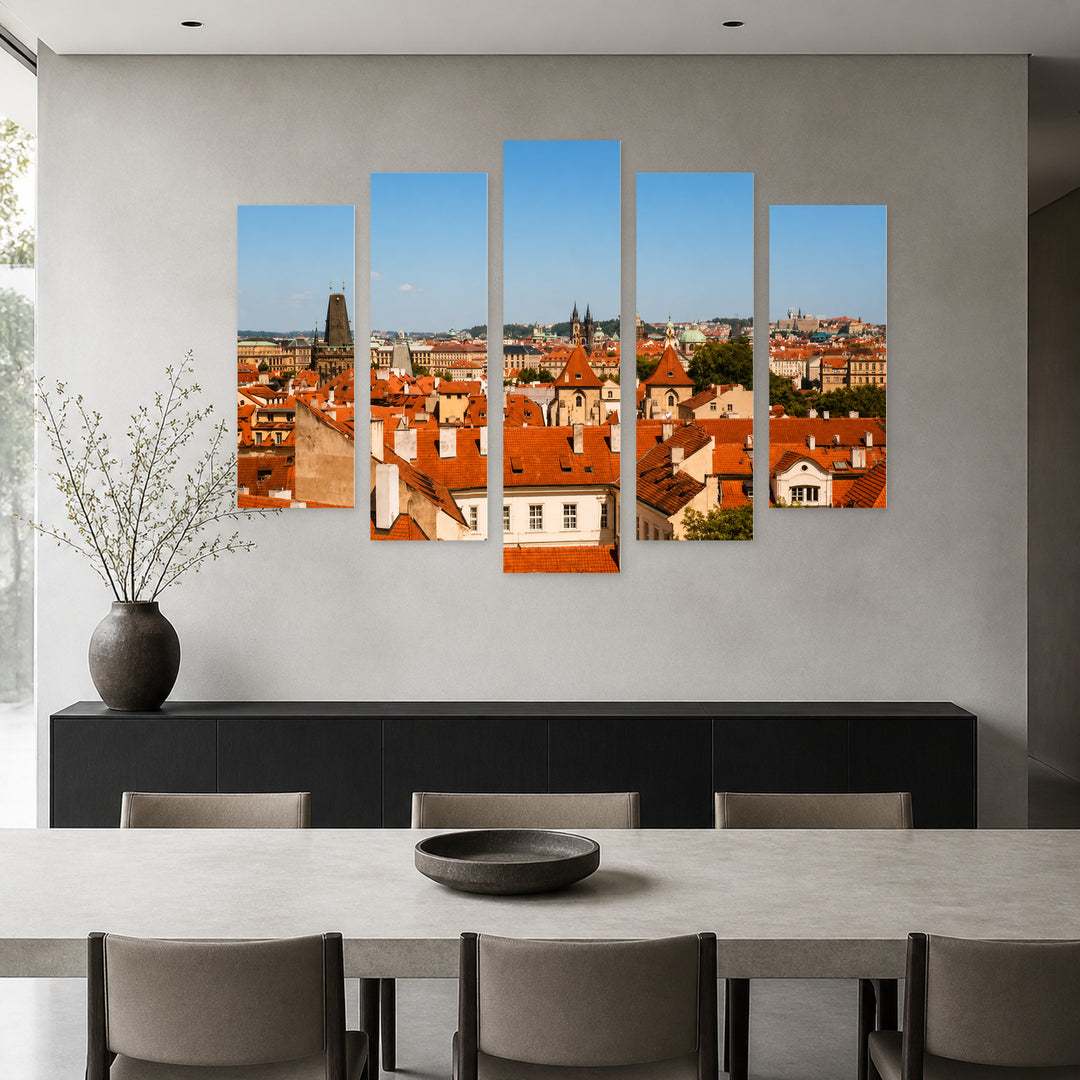 View of Prague in Blue and Gold — five-panel wall art in frontal interior | 5wallart 55972 M3