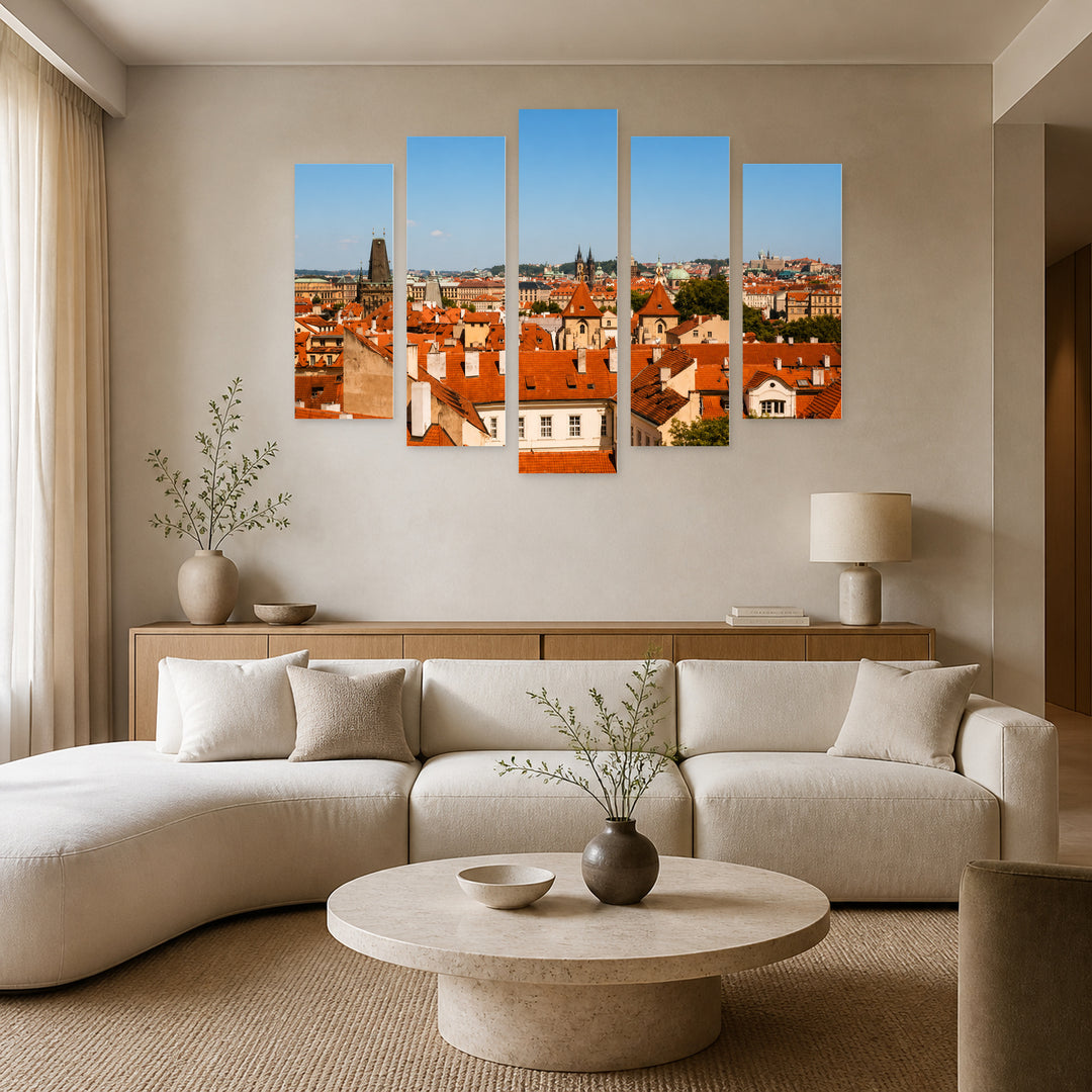 View of Prague in Blue and Gold — five-panel wall art in alternate frontal interior | 5wallart 55972 M4