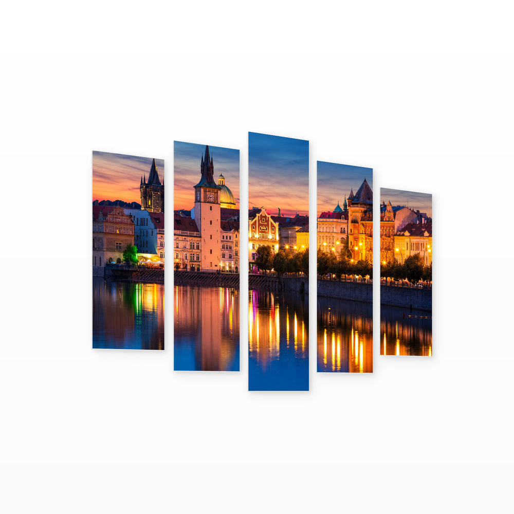 Old Town in Prague at Golden Sunset — five-panel wall art on white background in perspective | 5wallart 55973 M1