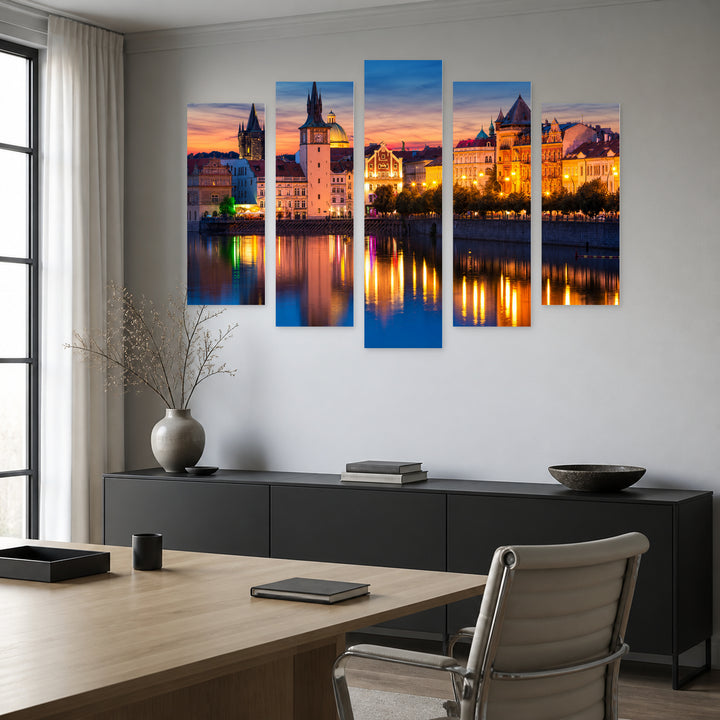 Old Town in Prague at Golden Sunset — five-panel wall art in alternate frontal interior | 5wallart 55973 M4
