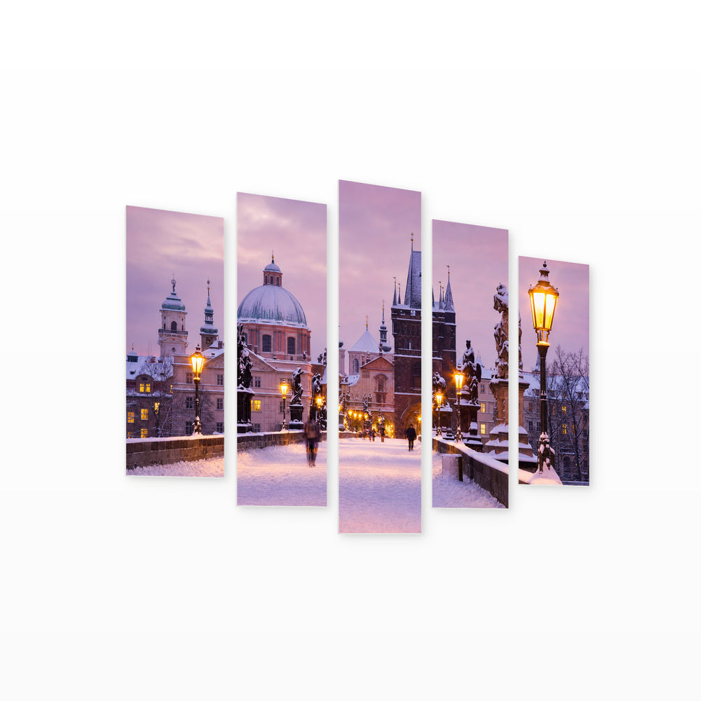 Charles Bridge in Winter in Serene Light — five-panel wall art on white background in perspective | 5wallart 55974 M1