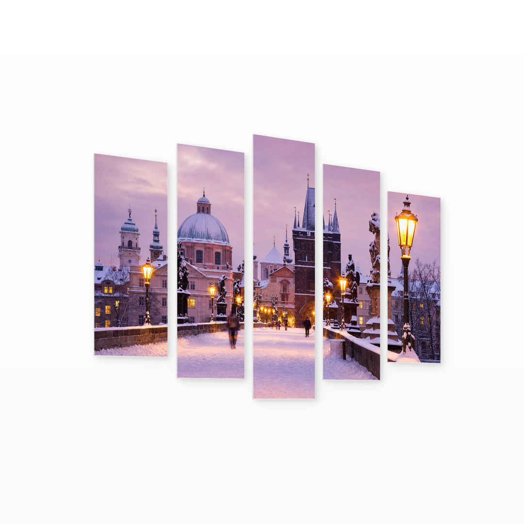 Charles Bridge in Winter in Serene Light — five-panel wall art on white background in perspective | 5wallart 55974 M1