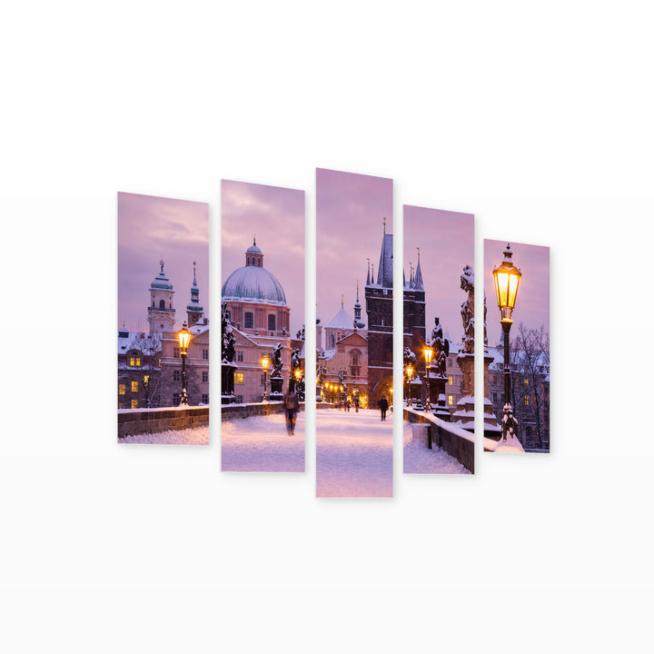 Charles Bridge in Winter in Serene Light — five-panel wall art on white background in perspective | 5wallart 55974 M1