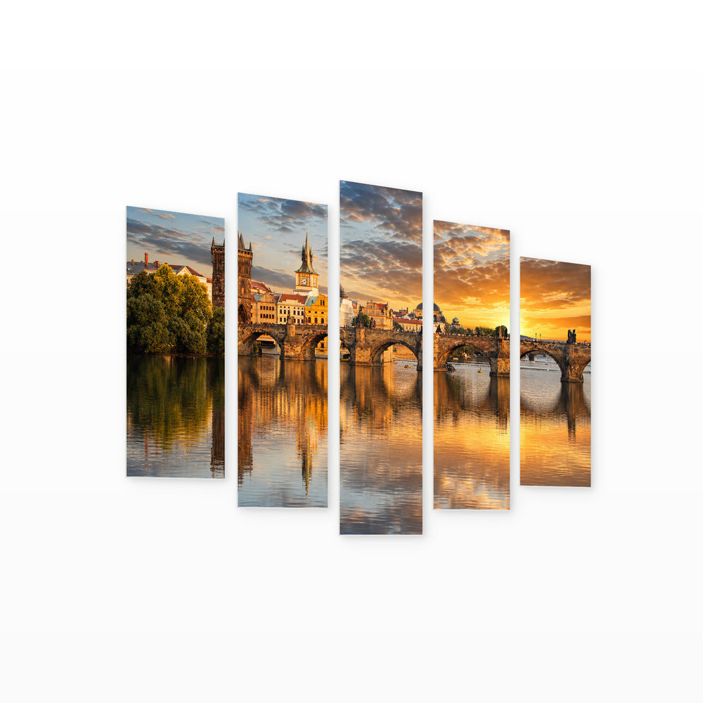Charles Bridge in Serene Light — five-panel wall art on white background in perspective | 5wallart 55975 M1
